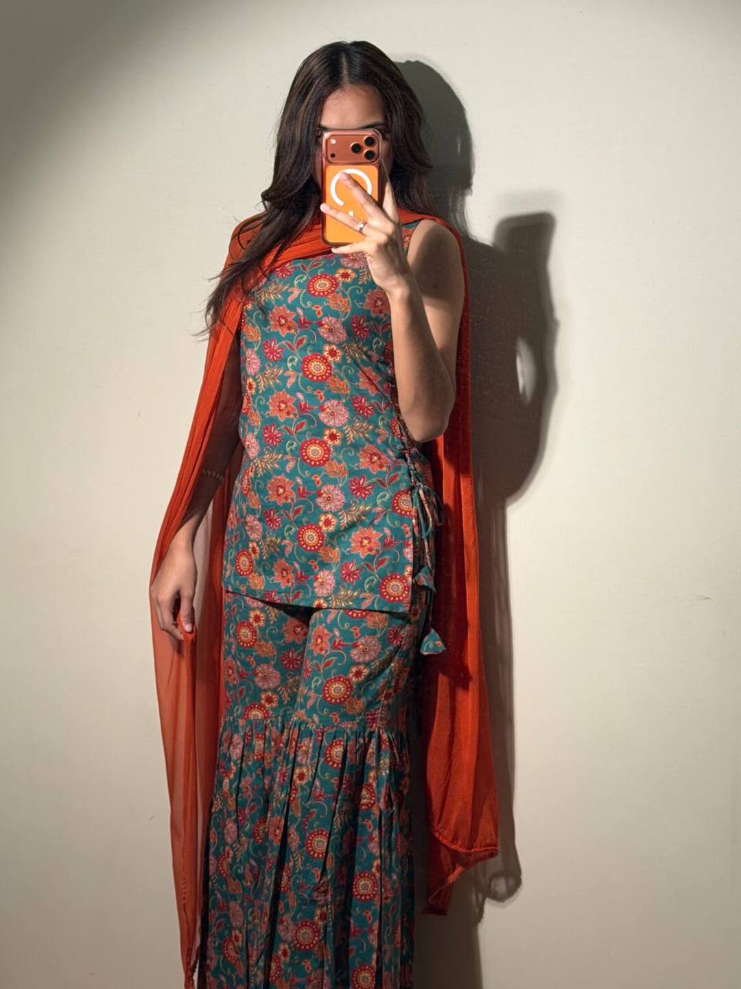 Teal Green sleeve short kurti with sharara pants