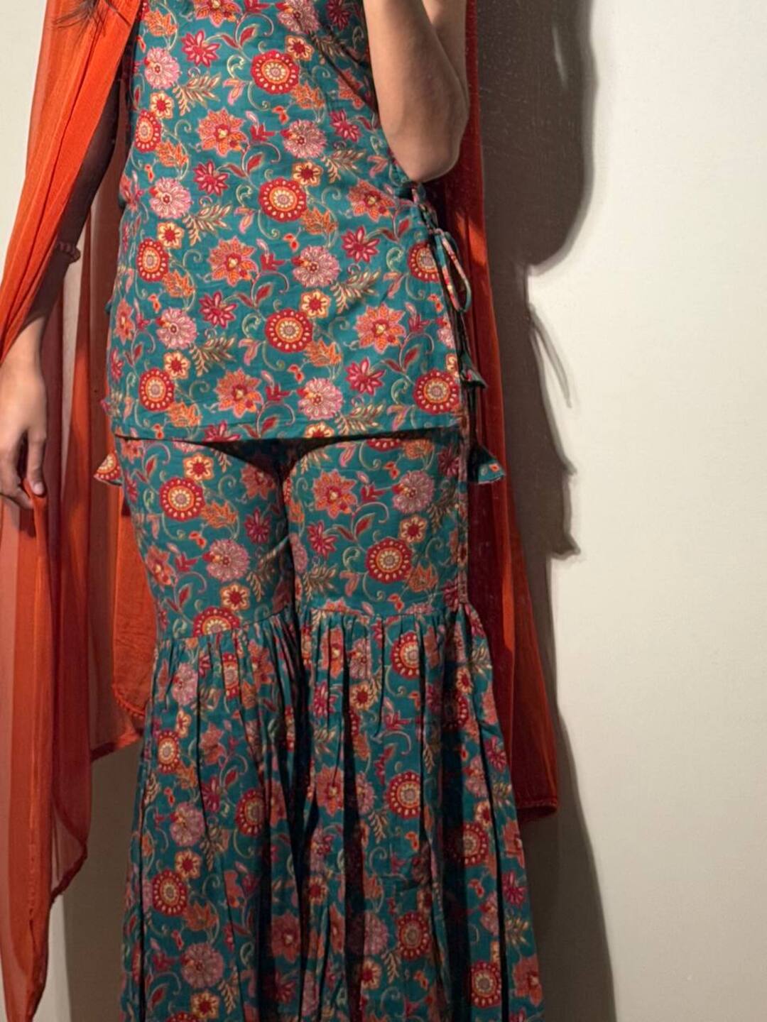 Teal Green sleeve short kurti with sharara pants