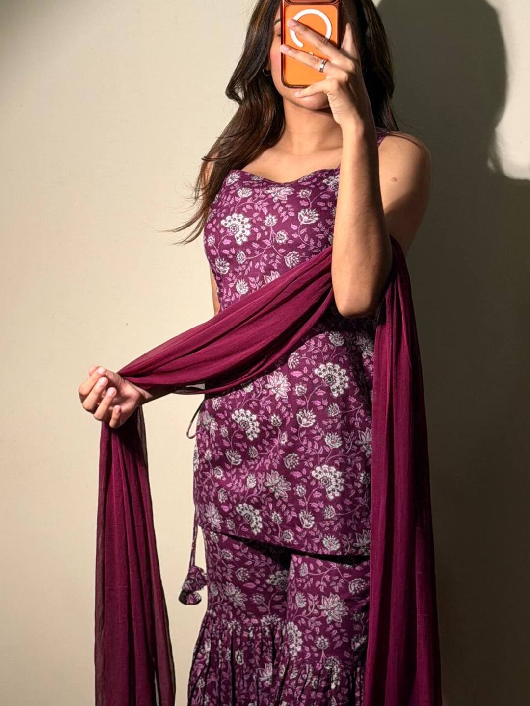 Magenta Purple sleeve short kurti with sharara pants