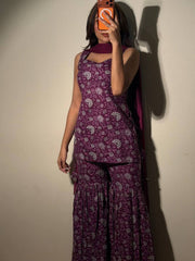 Magenta Purple sleeve short kurti with sharara pants