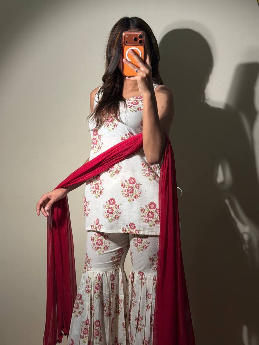 White sleeve short kurti with sharara pants