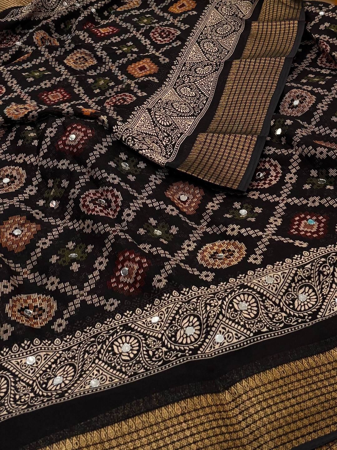 Black Mirror Design Georgette Silk Saree