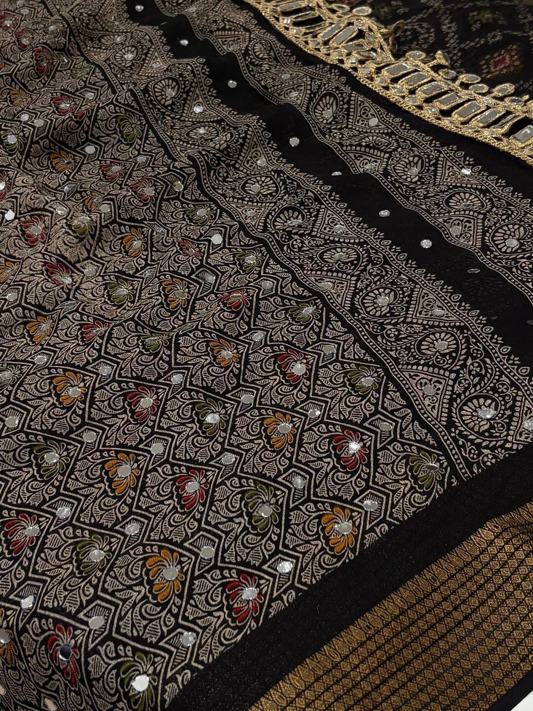 Black Mirror Design Georgette Silk Saree