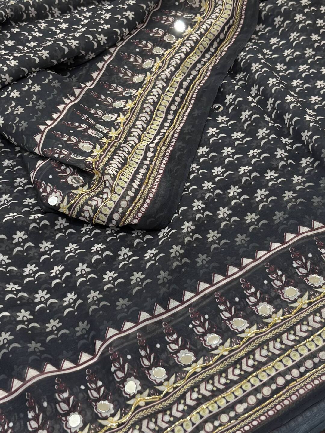 Gray Mirror Design Georgette Silk Saree