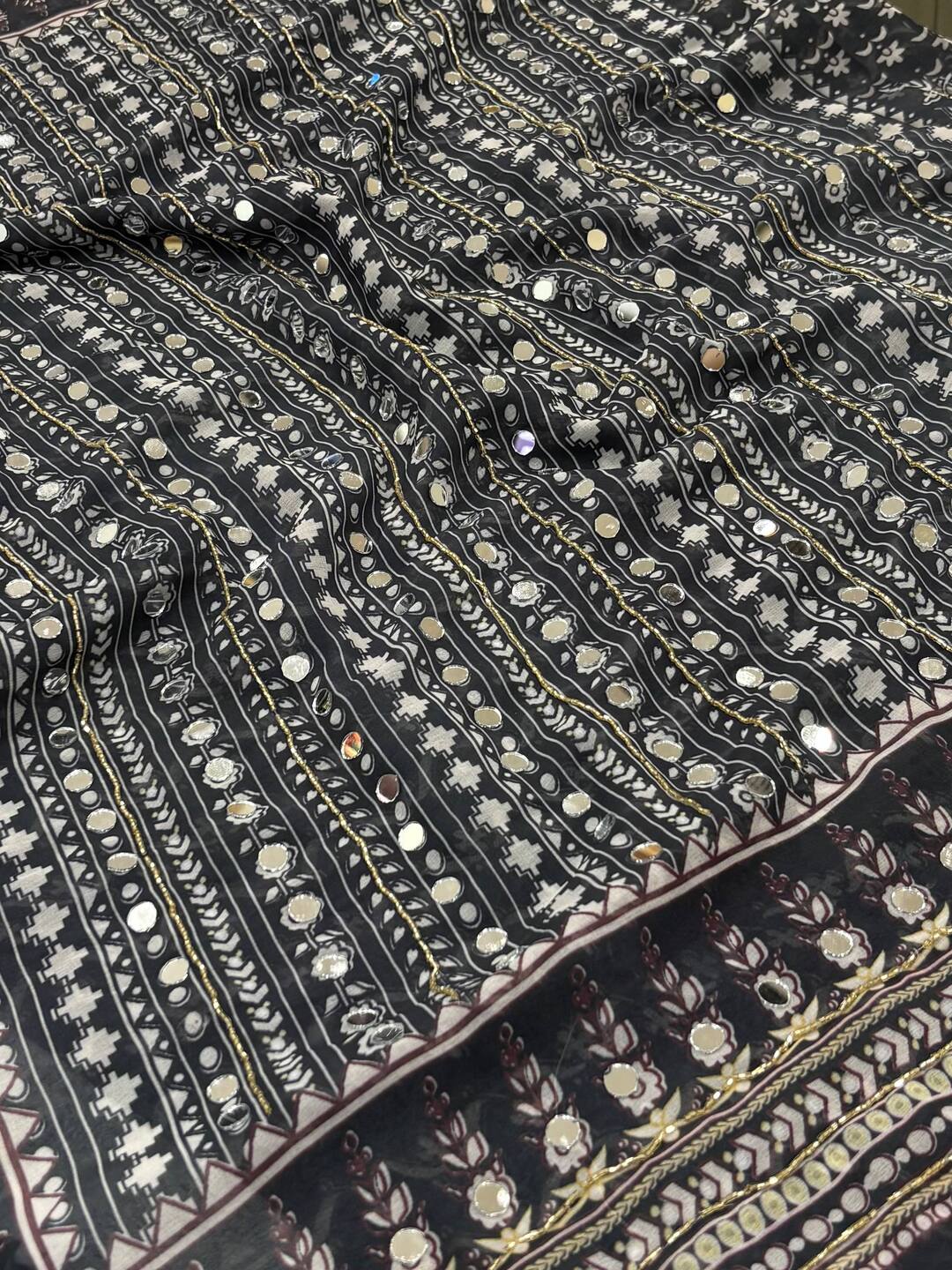 Gray Mirror Design Georgette Silk Saree