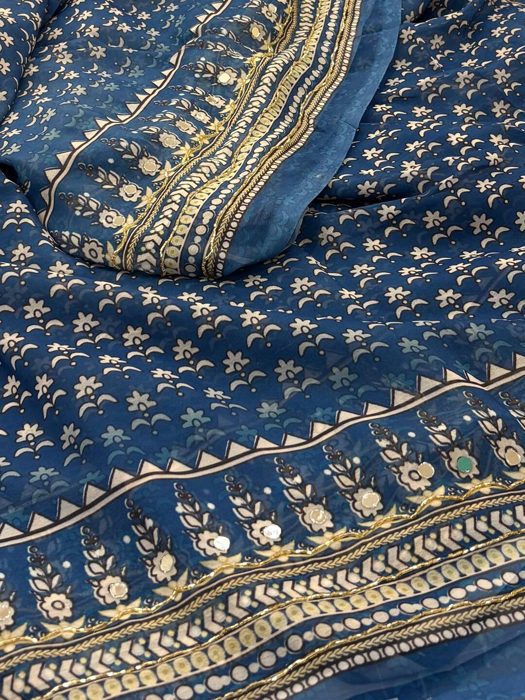 Sky Blue Mirror Design Georgette Silk Saree