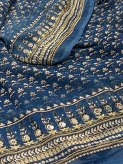 Sky Blue Mirror Design Georgette Silk Saree