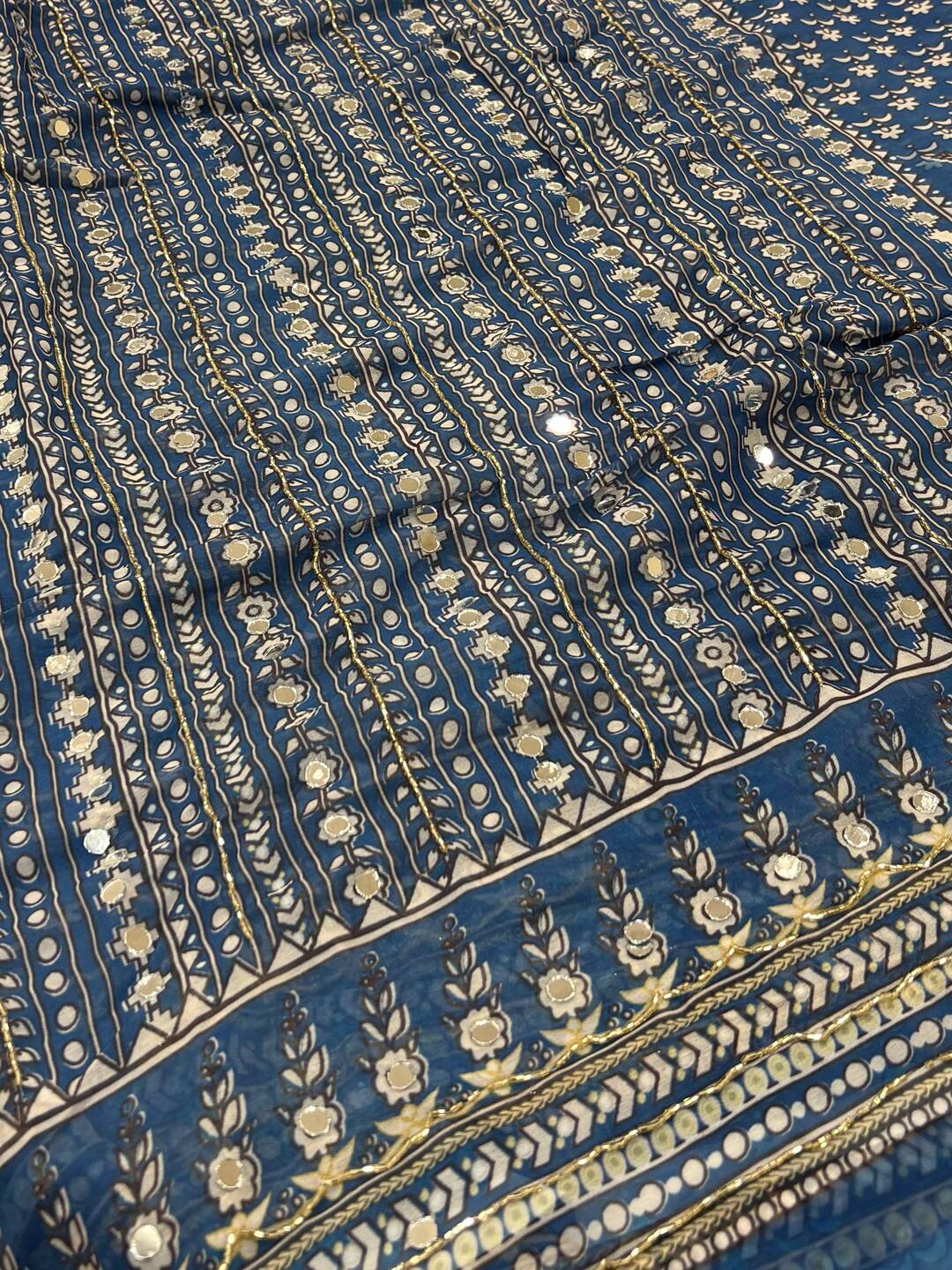 Sky Blue Mirror Design Georgette Silk Saree