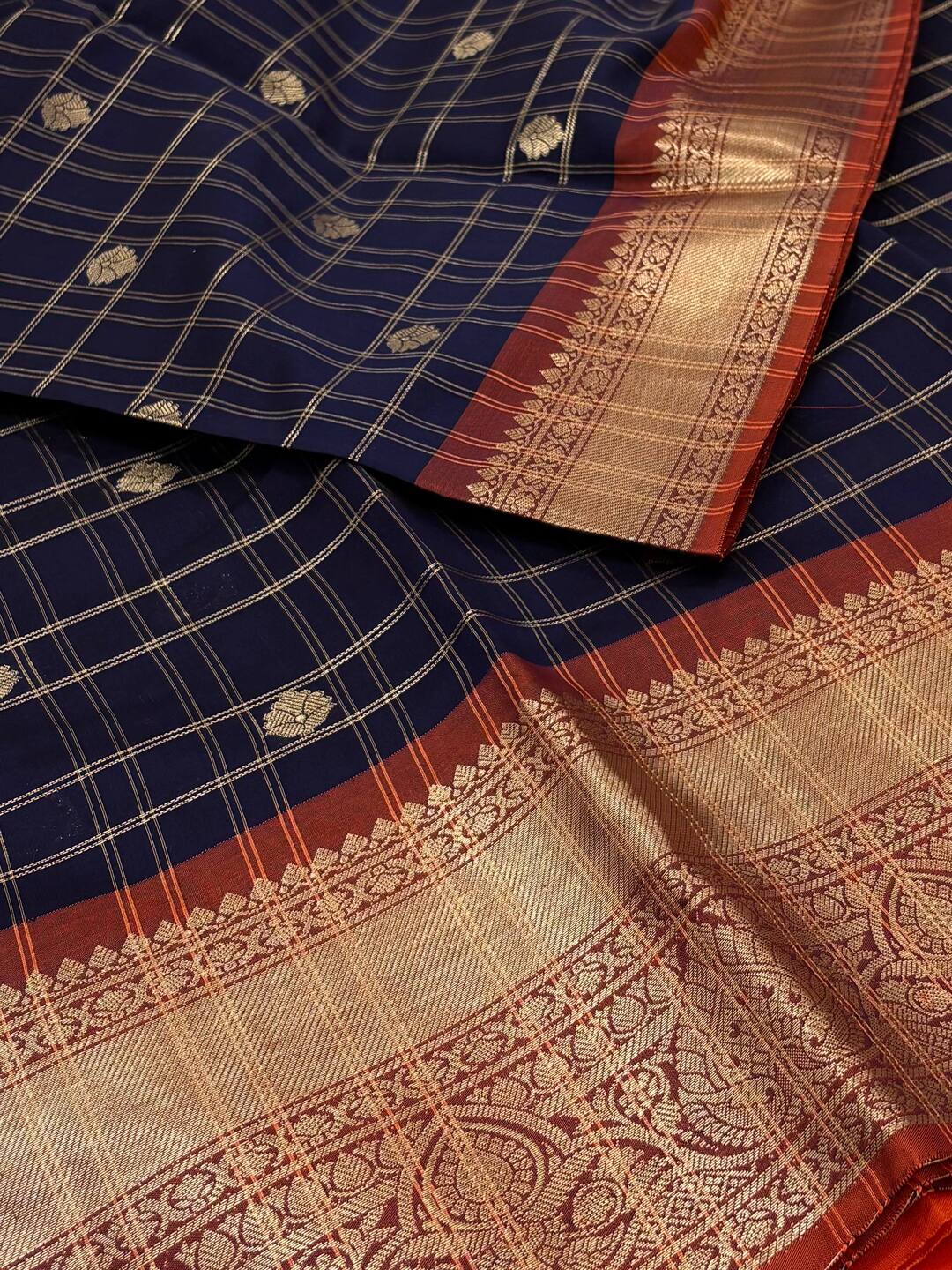 Navy Blue Checked Cotton Silk Saree