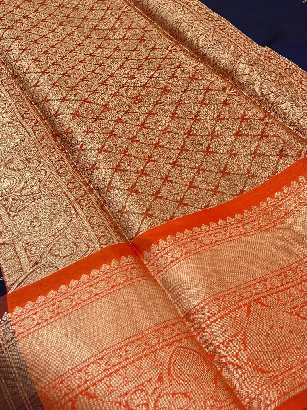 Navy Blue Checked Cotton Silk Saree