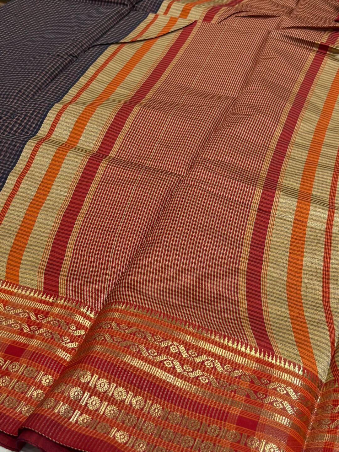 Navy Blue Checked Soft Cotton Silk Saree
