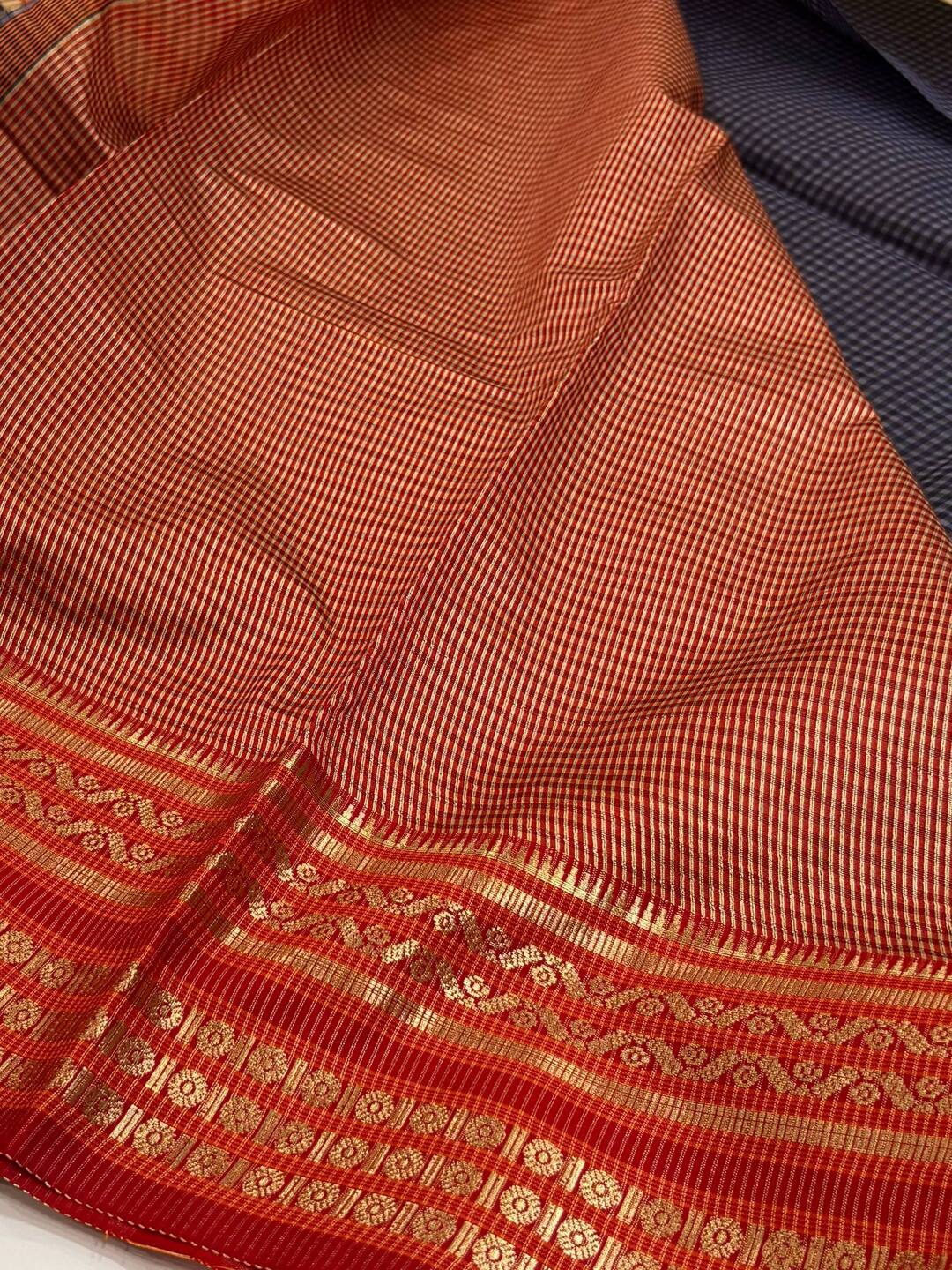 Navy Blue Checked Soft Cotton Silk Saree