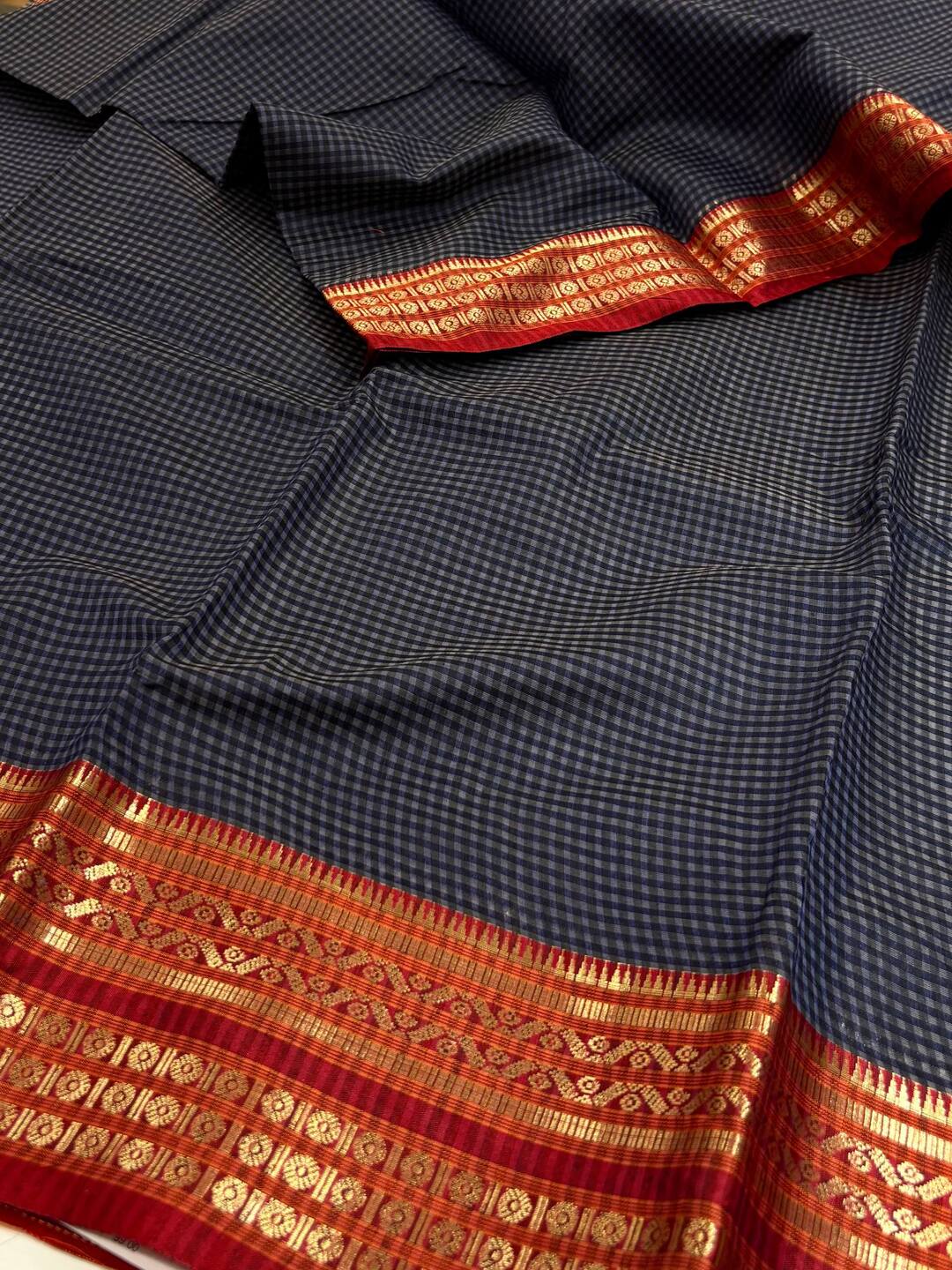 Navy Blue Checked Soft Cotton Silk Saree