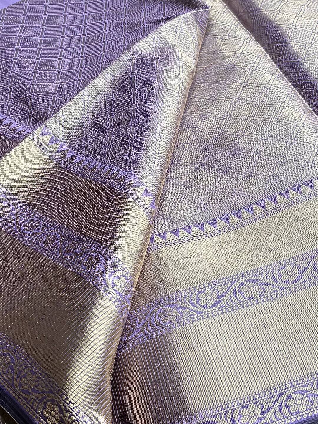 Lavender Purple Checked Cotton Silk Saree
