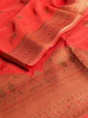 Coral Pink Banaras Chiffon Silk Saree