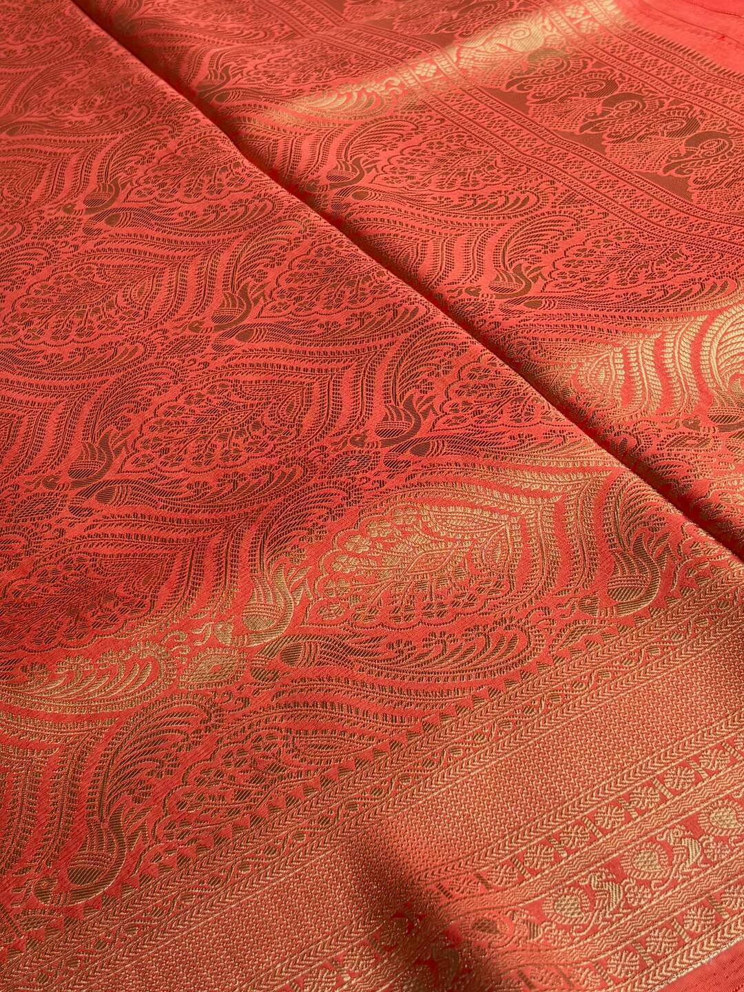 Coral Pink Banaras Chiffon Silk Saree