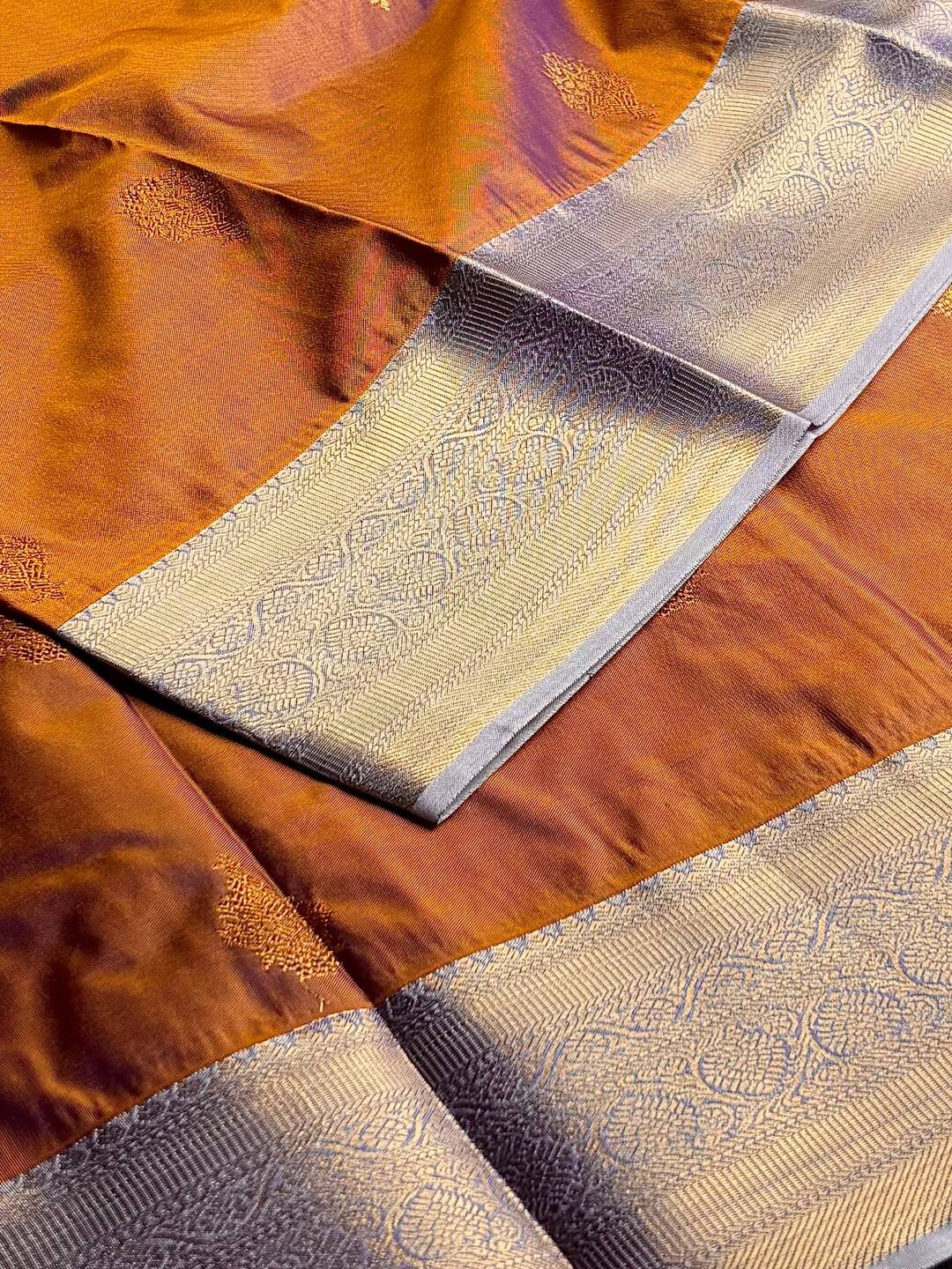 Dual Tone Golden Brown Semi Kanchi Silk Saree