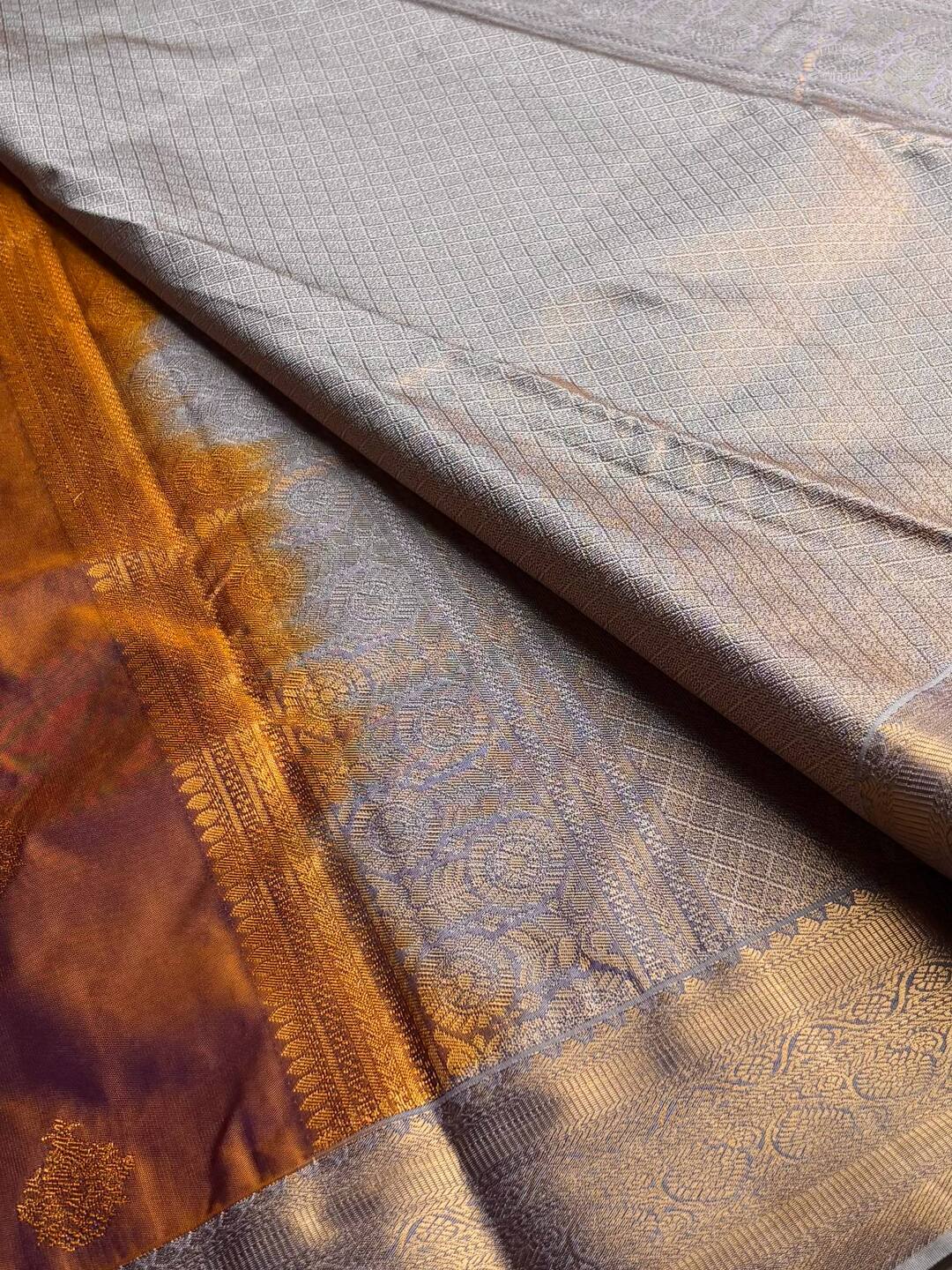 Dual Tone Golden Brown Semi Kanchi Silk Saree