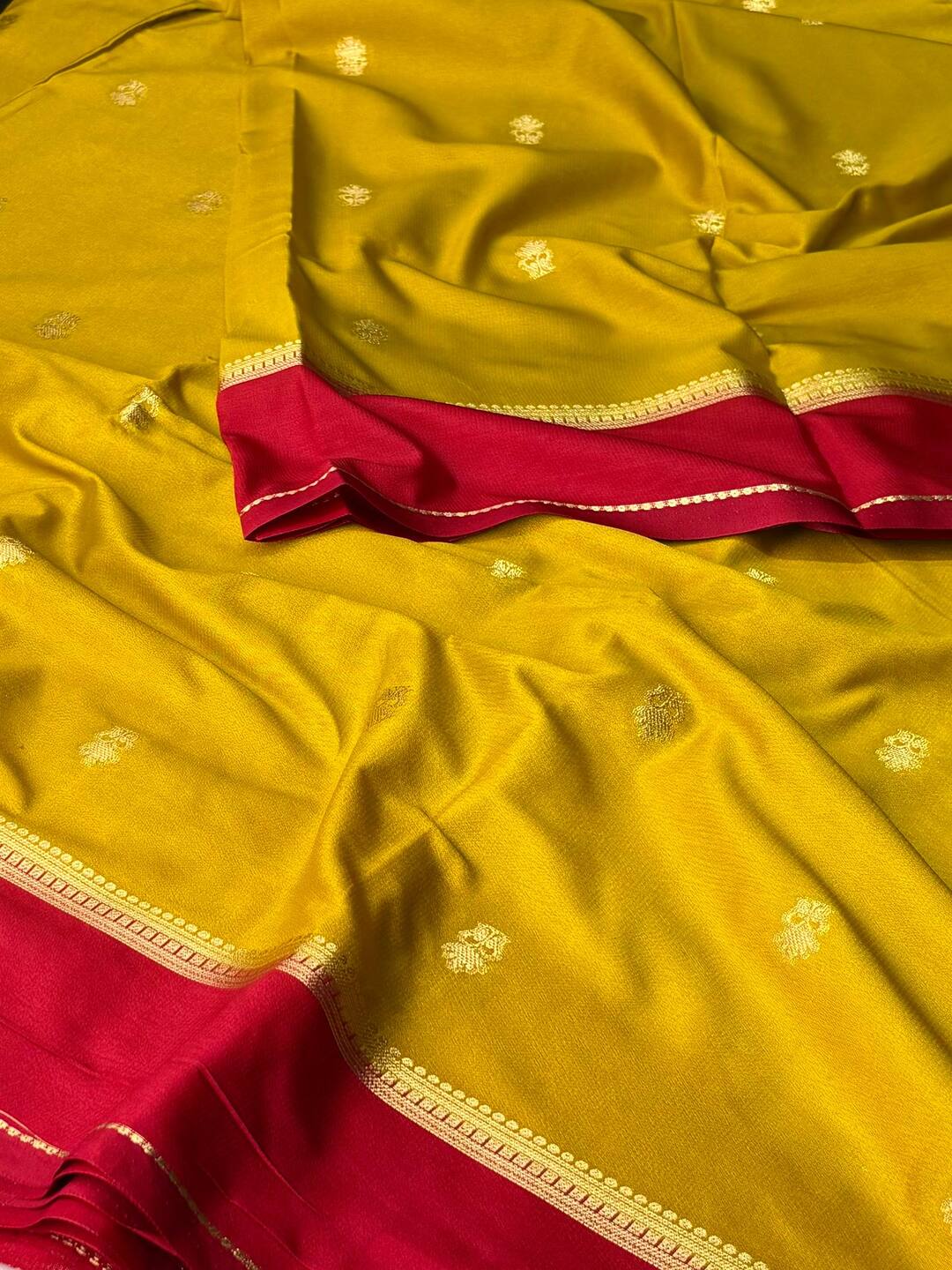 Mustard Yellow Semi Mysore Chiffon Saree