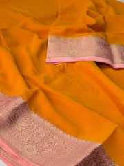 Orange With Coral Pink Chiffon Saree