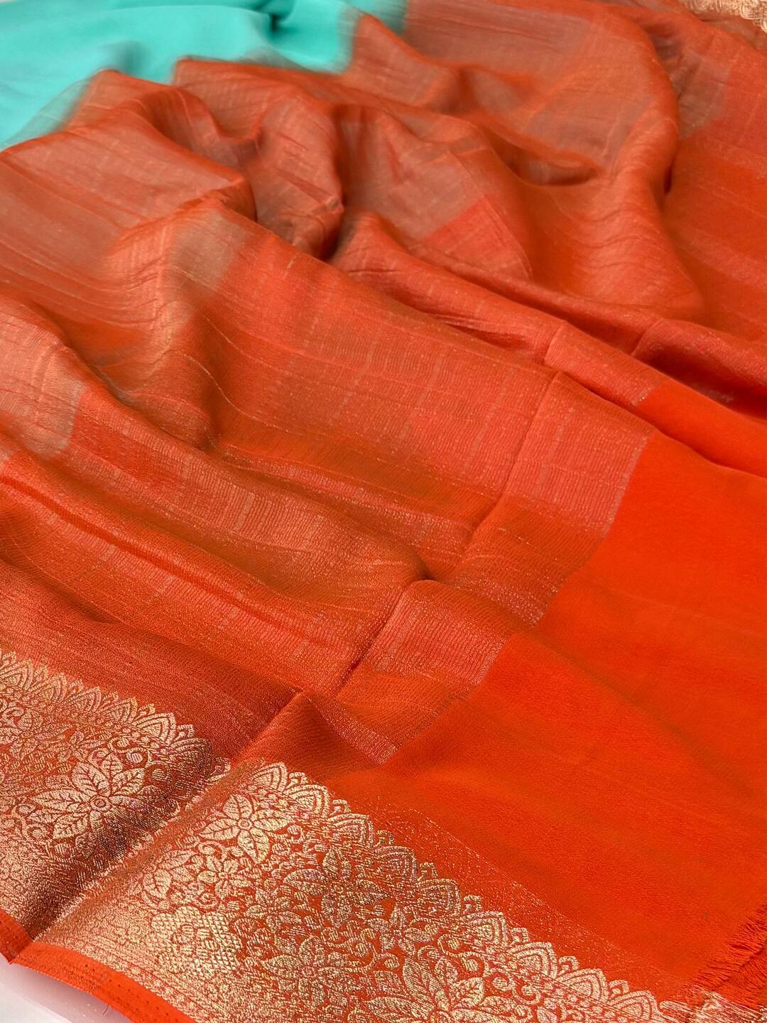 Turquoise Blue With Orange Chiffon Saree