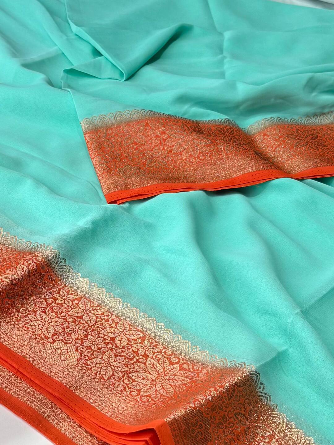 Turquoise Blue With Orange Chiffon Saree