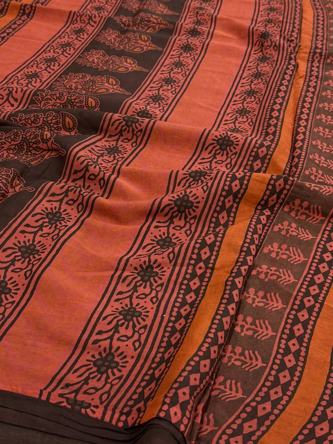 Orange Printed Soft Cotton Saree