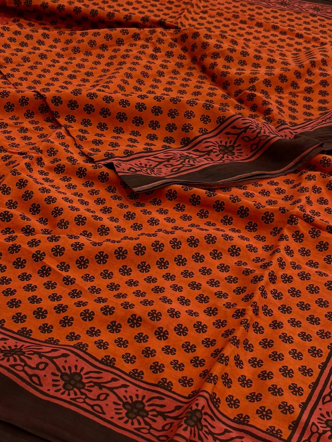 Orange Printed Soft Cotton Saree