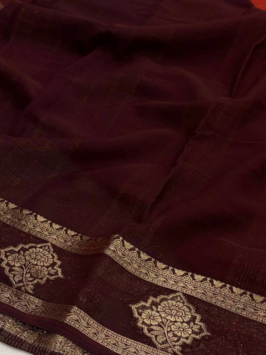Burnt Orange Chiffon Silk Saree