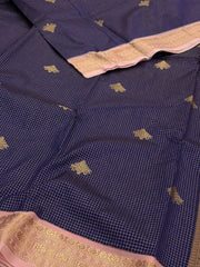 Navy Blue Checked Semi Kanchi Silk Saree
