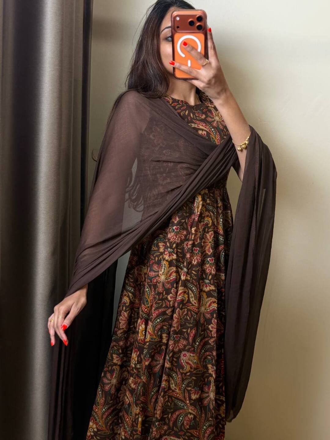 Brown Soft Cotton Anarkali 3pcs Suit