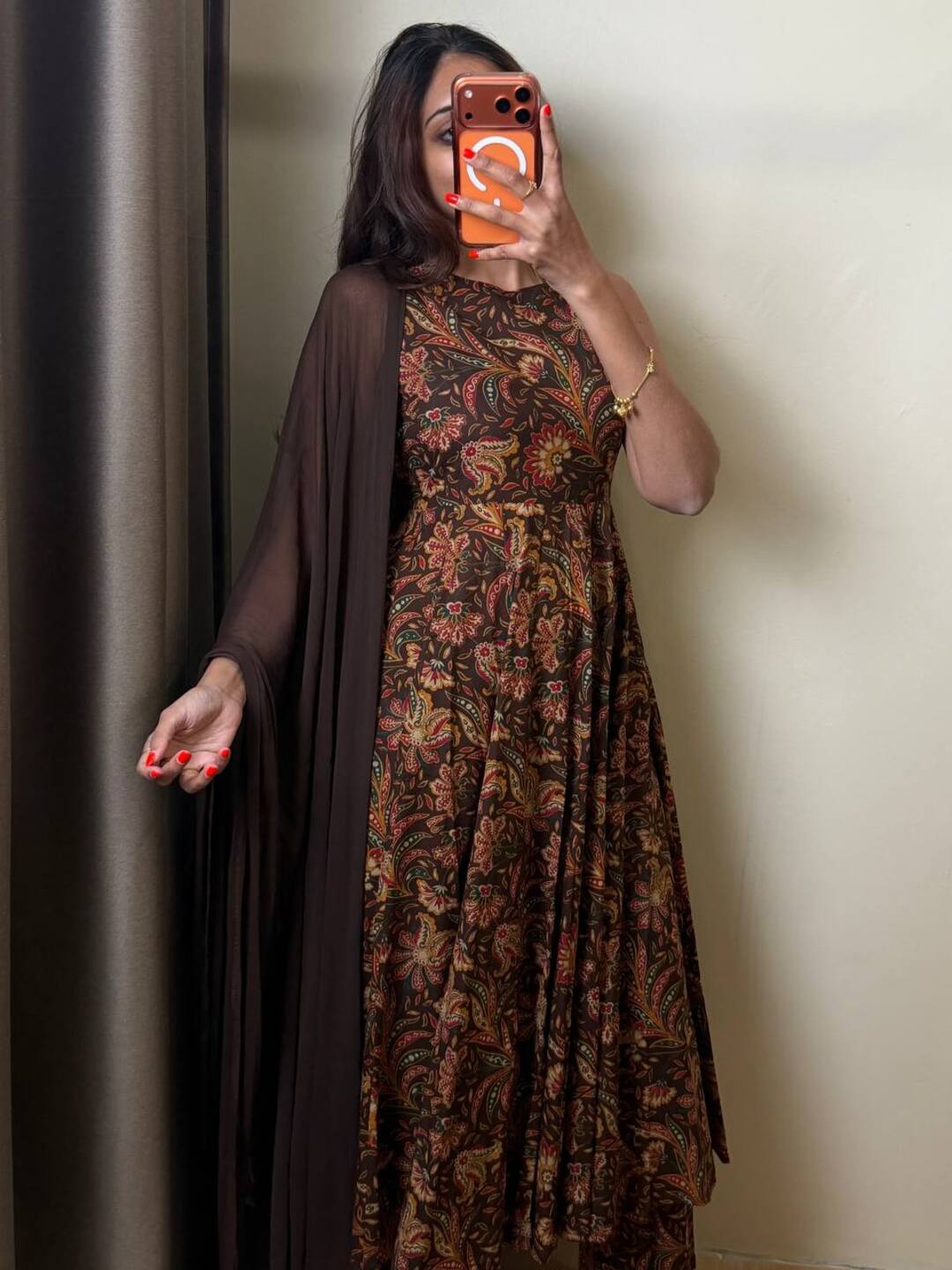 Brown Soft Cotton Anarkali 3pcs Suit