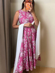 Mauve Pink Soft Cotton Anarkali 3pcs Suit