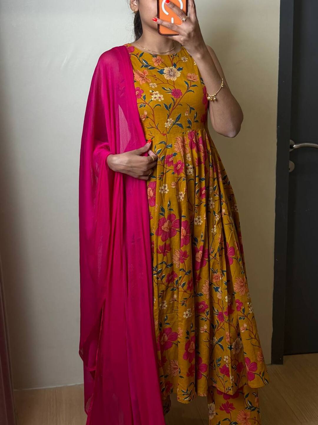Mustard Yellow Soft Cotton Anarkali 3pcs Suit