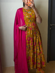 Mustard Yellow Soft Cotton Anarkali 3pcs Suit