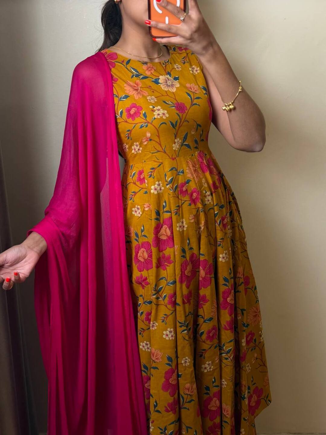 Mustard Yellow Soft Cotton Anarkali 3pcs Suit