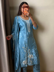 Sky Blue Straight Cut 3pc kurti Suit