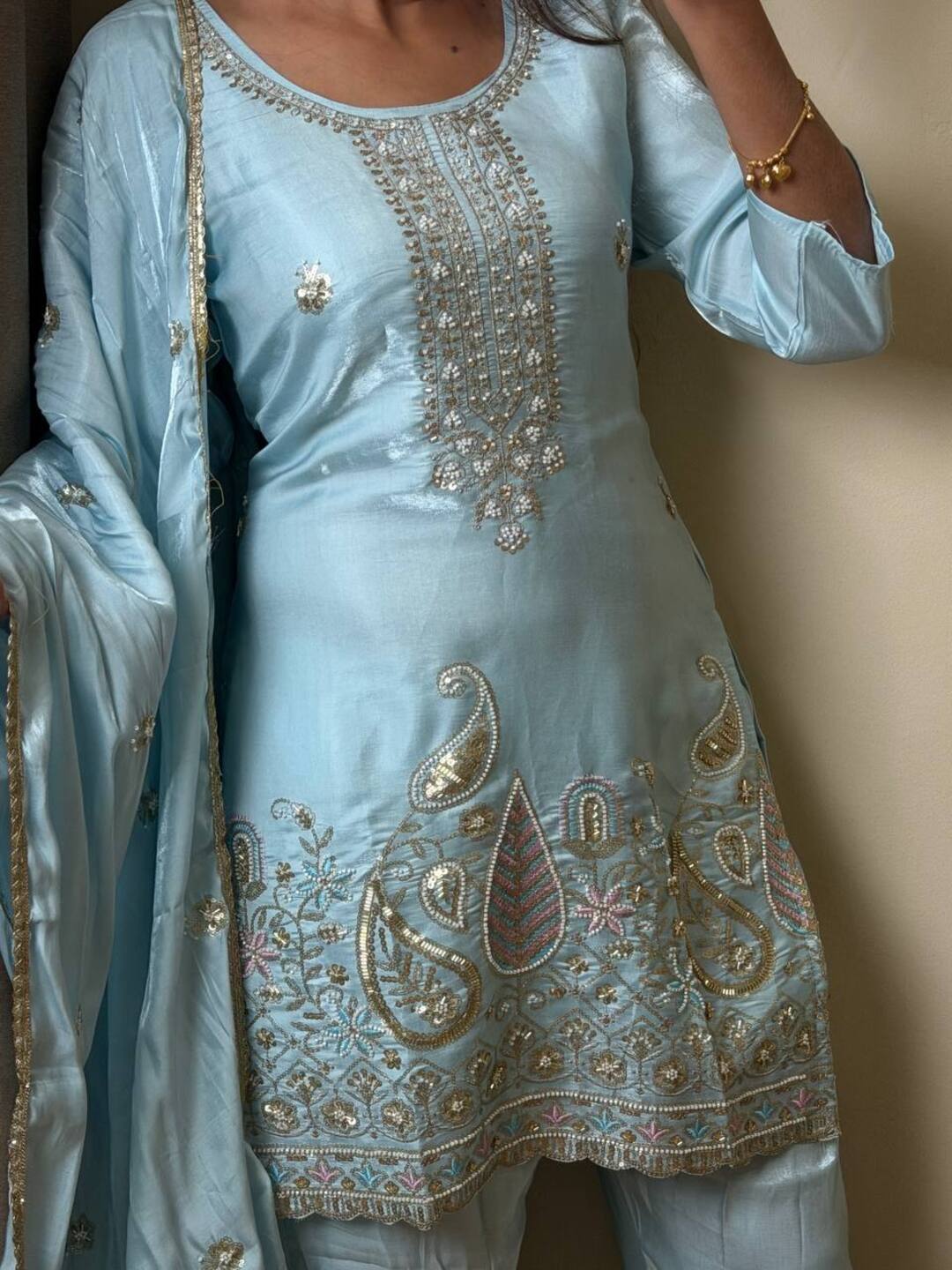 Pastel Blue Straight Cut 3pc kurti Suit