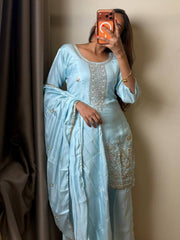 Pastel Blue Straight Cut 3pc kurti Suit