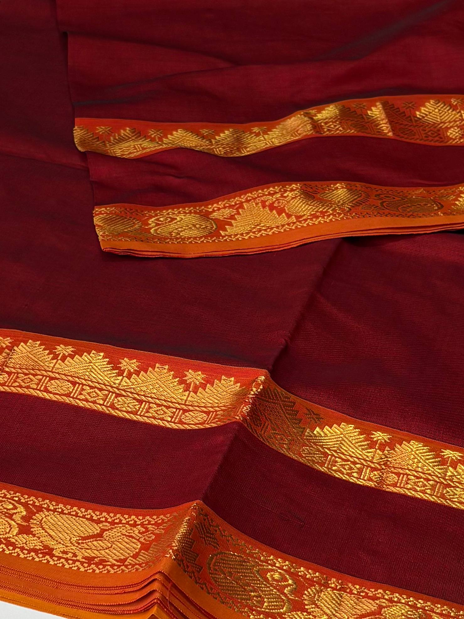 Maroon Cotton Saree With Contrast Blouse