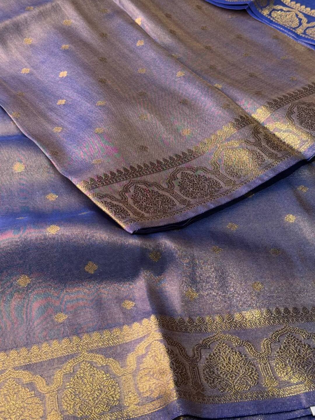 Golden Bluish Purple Banaras Cotton Silk Saree