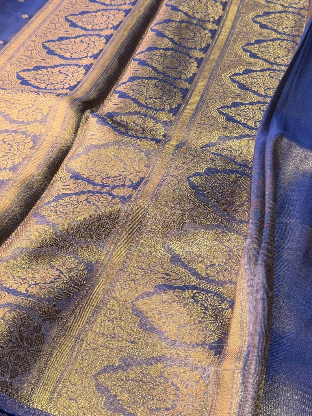 Golden Bluish Purple Banaras Cotton Silk Saree