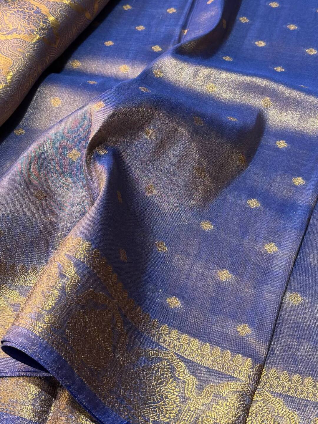 Golden Bluish Purple Banaras Cotton Silk Saree