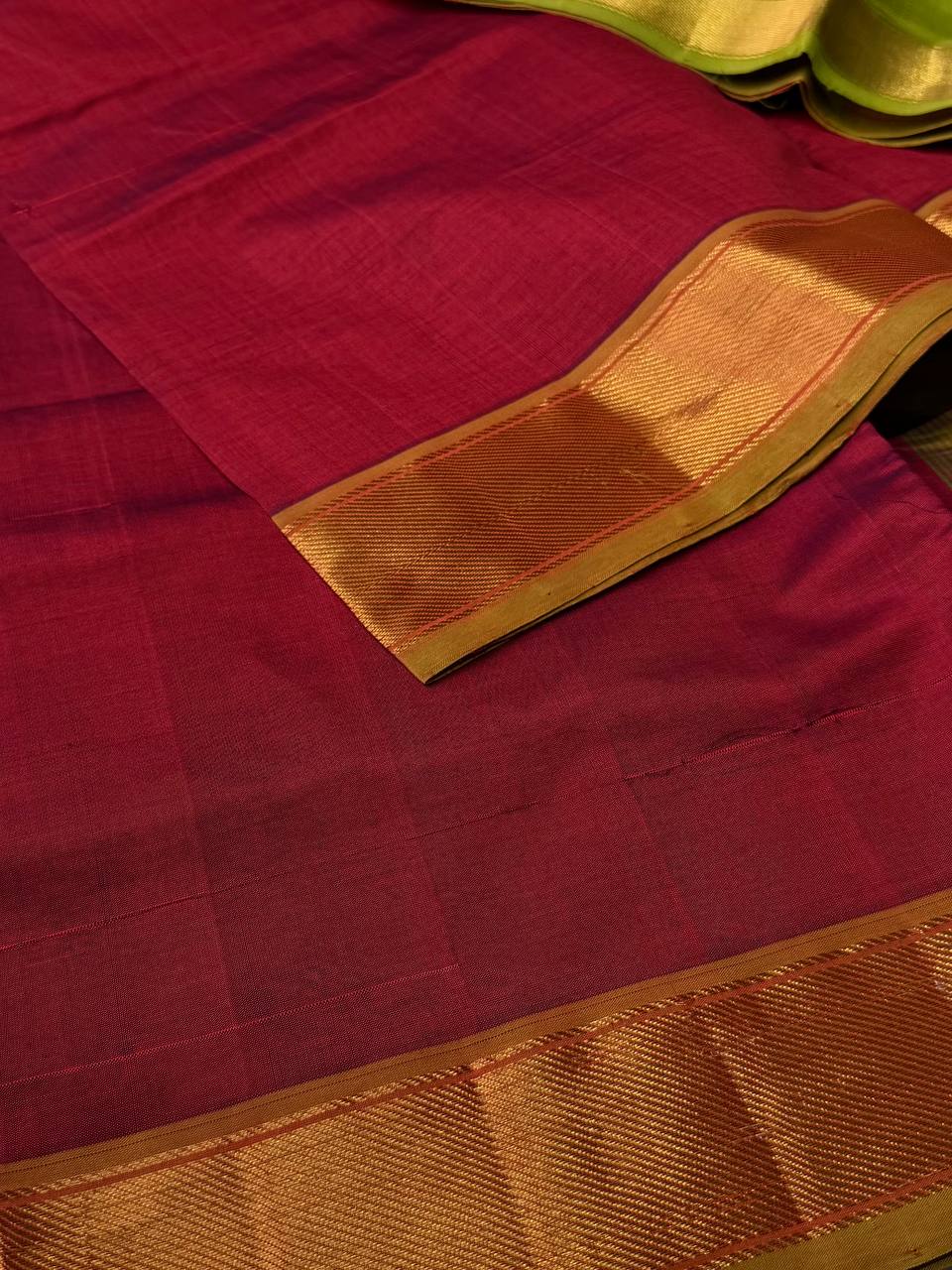 Cherry Red Cotton Saree With Contrast Blouse