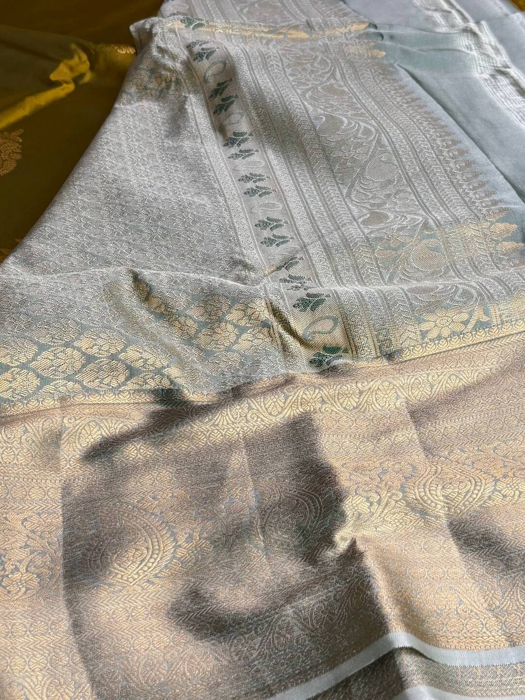 Dual Tone Olive Green Semi Kanchi Silk Saree