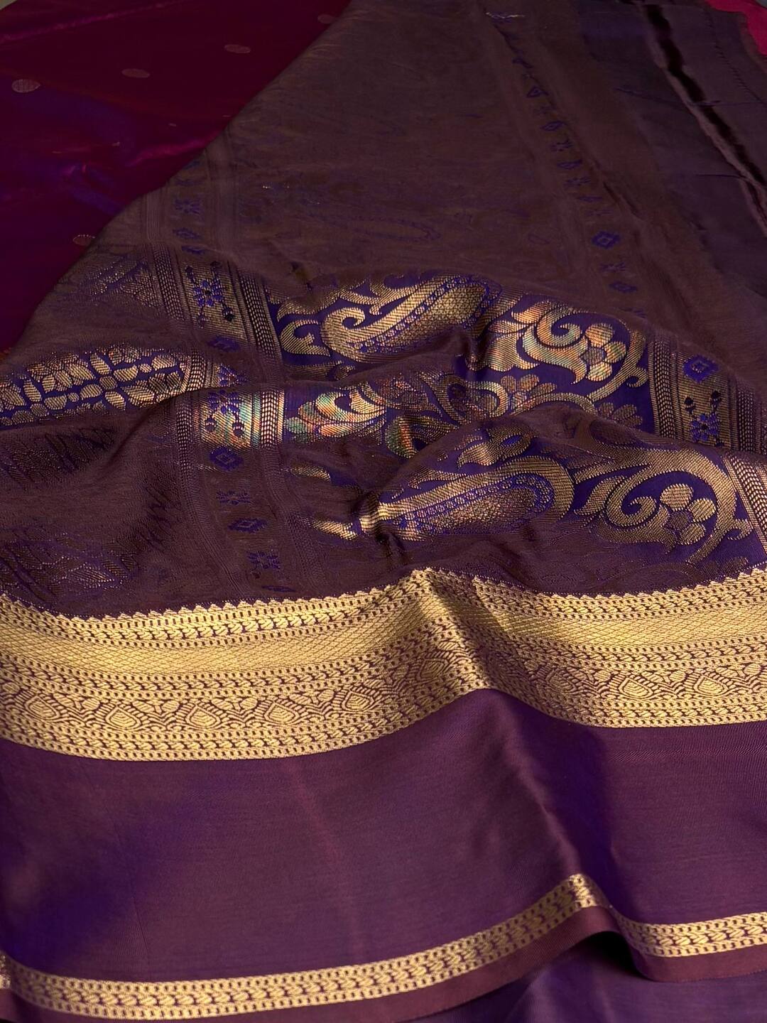 Dual Tone Magenta Pink Semi Kanchi Silk Saree