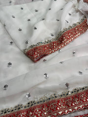 White With Chili Red blouse Georgette Chiffon Silk Saree