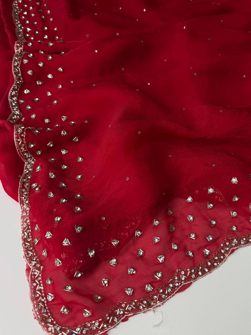 Cherry Red Georgette Silk Saree
