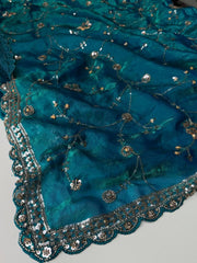 Peacock Blue Ambourding Georgette Silk Saree