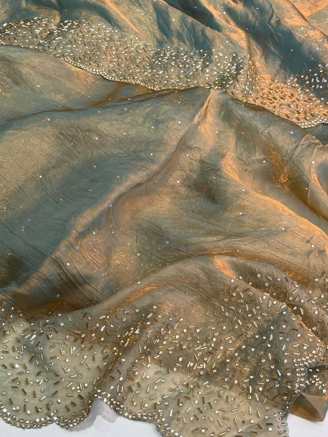 Golden Dusty Blue Georgette Silk Saree
